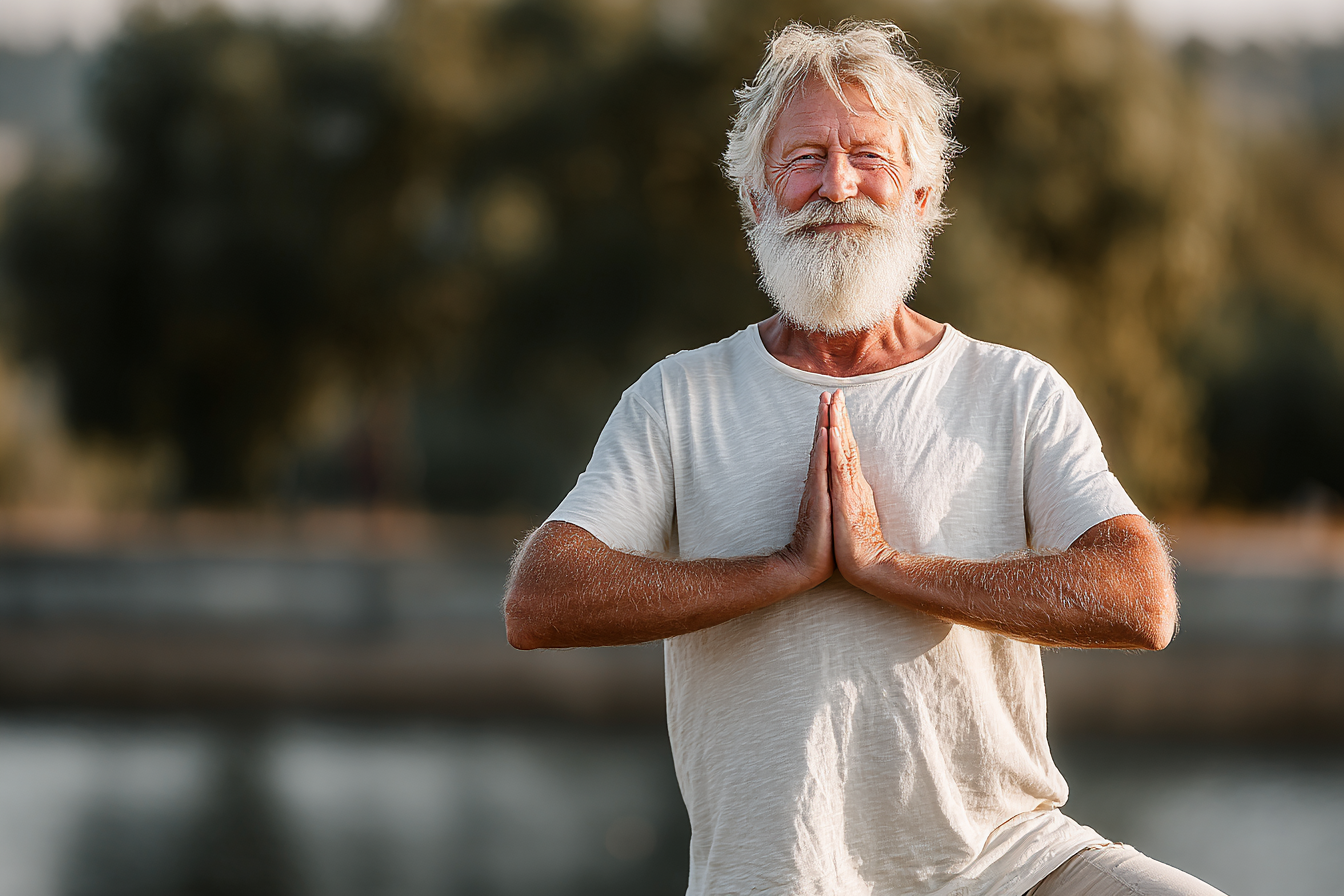 Група людей старшого віку займається йогою в світлому залі