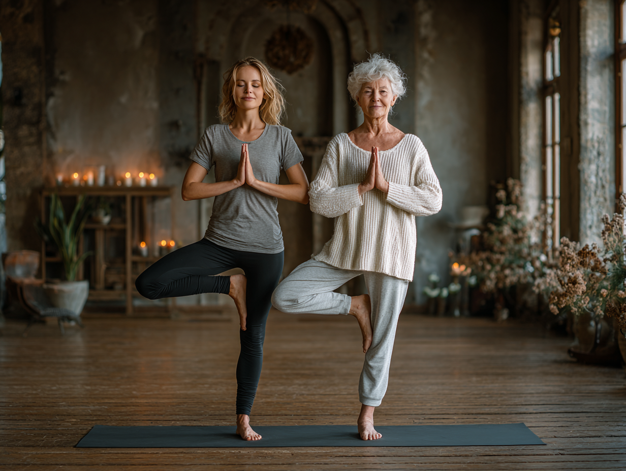 Пара старшого віку відпочиває після заняття йогою на природі